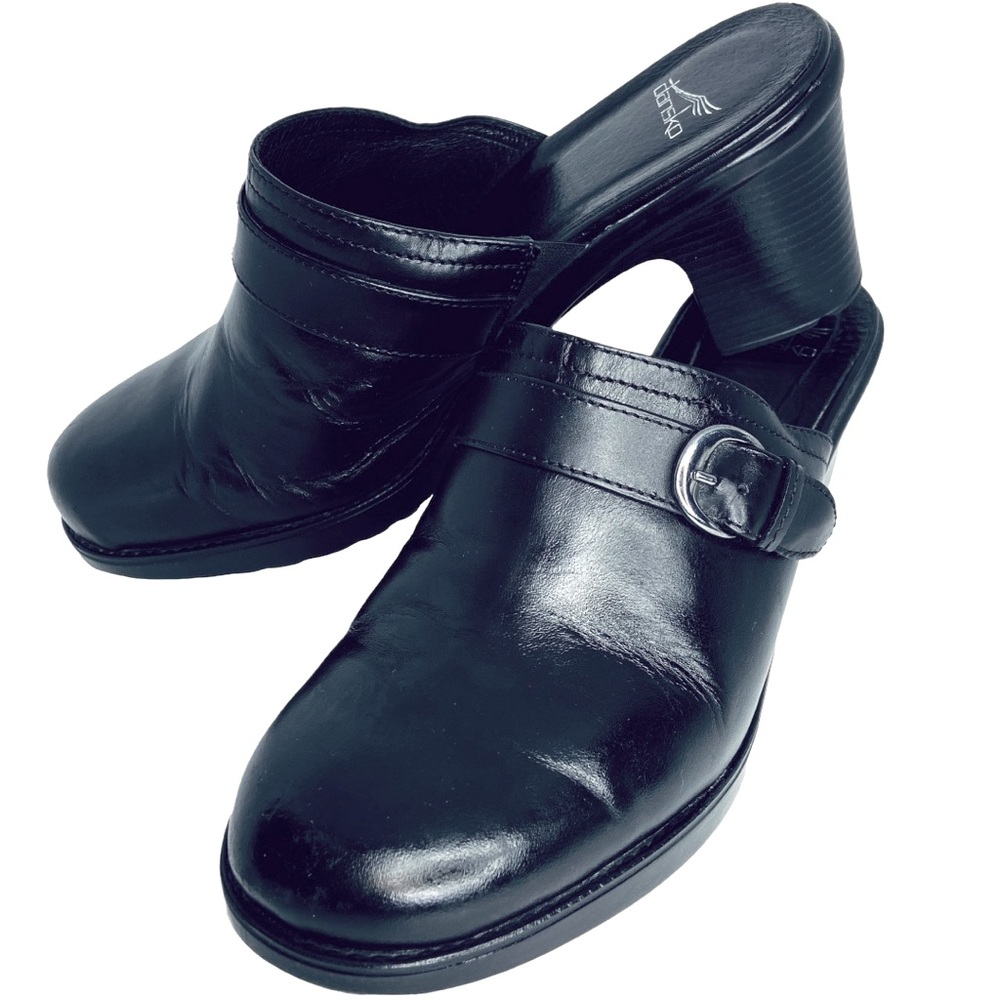 Dansko Black Leather Stacked Block Heel Buckle Detail Clogs Size 38 (7.5 - 8 US)